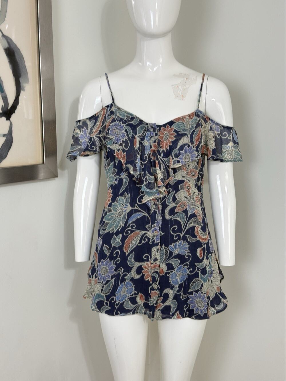 Maeve Anthropologie Womens Size 2 Blue Floral Off Shoulder Ruffle Blouse Top
